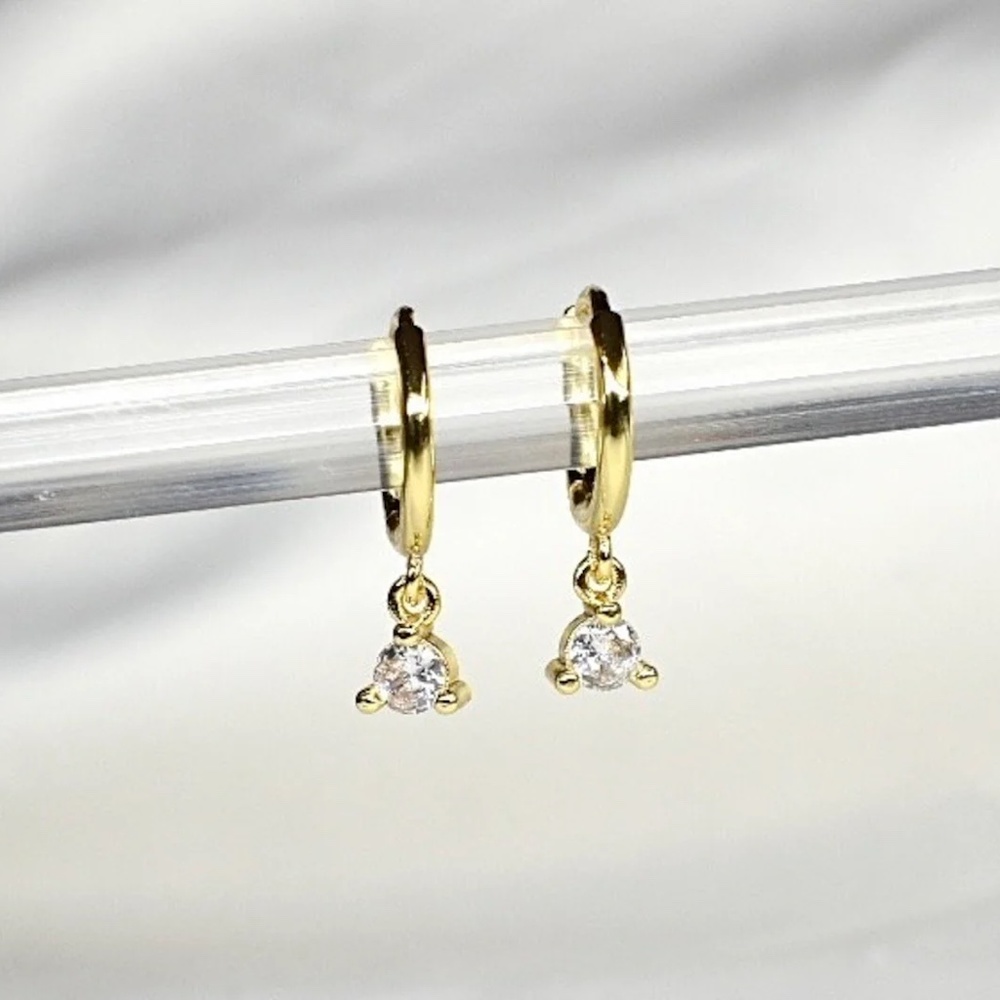 14k Diamond Drop Hoop Earring - Huggie Hoops - Minimalist Earrings